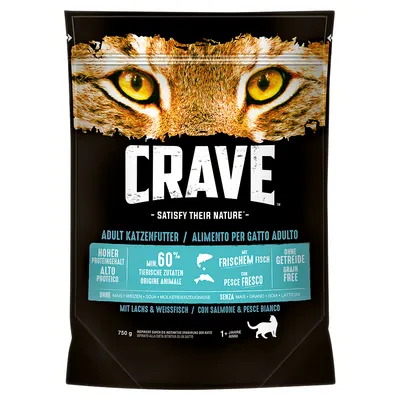 CRAVE Adult Katzenfutter dry cat food, Satisfy Their Nature, min. 60% animal ingredients, with fresh fish, grain free, with salmon & whitefish, 750g bag. Text in multiple languages visible.