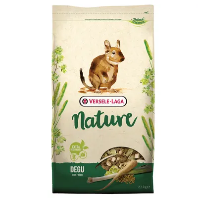 Versele-Laga Nature Degu, 2,3 kg. Ekstra grøntsager, optimal friskhed. Billede af en degu og foderblanding på emballagen.