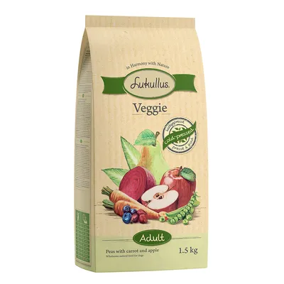 Lukullus Veggie Adult, hidegen sajtolt, borsó sárgarépával és almával, 1,5 kg. Természetes eledel kutyáknak.