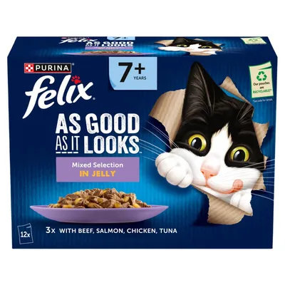 Mixed selection in jelly for cats aged 7+ years, 12 pouches with beef, salmon, chicken and tuna. Pouches are recyclable.