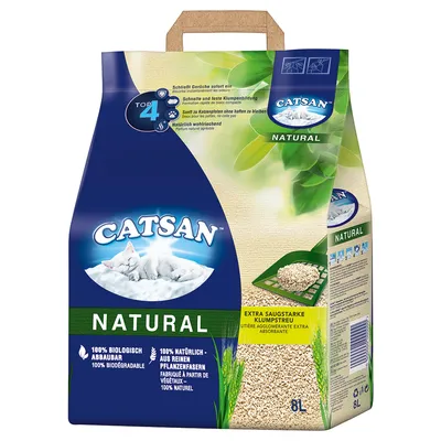 Catsan Natural, ekstra absorberende klumpende kattegrus, 100% biologisk nedbrydelig, lavet af rene plantefibre, 8L pakke.