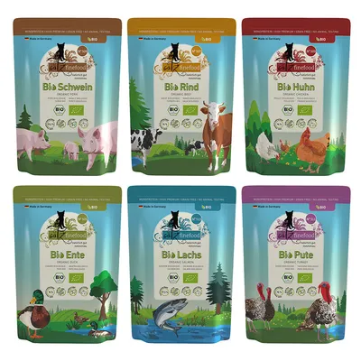 catz finefood Bio-våtfoder i sex sorter: gris, nötkött, kyckling, anka, lax och kalkon. Ekologiskt certifierad, tillverkat i Tyskland, spannmålsfritt, utan djurförsök. catz finefood Bio-våtfoder i sex sorter: gris, nötkött, kyckling, anka, lax och kalkon. Ekologiskt certifierad, tillverkat i Tyskland, spannmålsfritt, utan djurförsök.