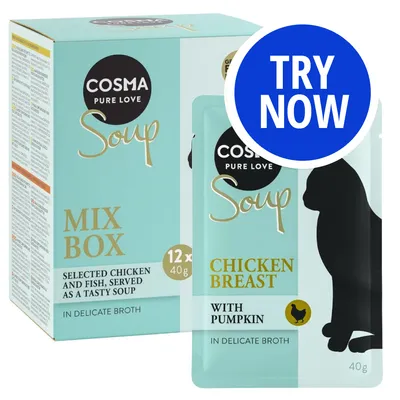 Cosma Pure Love Soup Mix Box, 12 x 40g, selected chicken and fish served as soup. Pouch: Chicken breast with pumpkin in delicate broth. Blue circle with 'Try Now'.