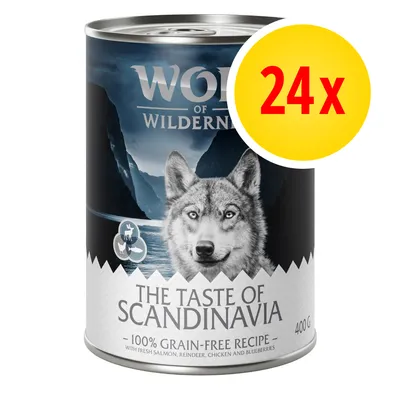 Pack of 24 cans, each 400g, labelled 'The Taste of Scandinavia', 100% grain-free recipe with fresh salmon, reindeer, chicken and blueberries.