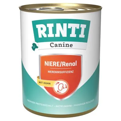 RINTI Canine NIERE/Renal Niereninsuffizienz mit Huhn. Tekst in het Duits: niedriger Proteingehalt, natriumarm, phosphor reduziert.