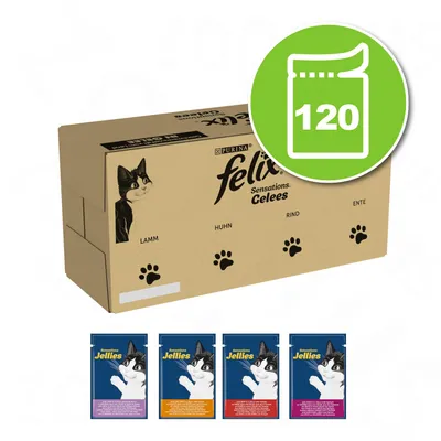Carton Purina Felix Sensations Gelees, 120 sachets. Saveurs visibles : agneau (Lamm), poulet (Huhn), bœuf (Rind), canard (Ente). Quatre sachets individuels illustrés en bas. Carton Purina Felix Sensations Gelees, 120 sachets. Saveurs visibles : agneau (Lamm), poulet (Huhn), bœuf (Rind), canard (Ente). Quatre sachets individuels illustrés en bas.