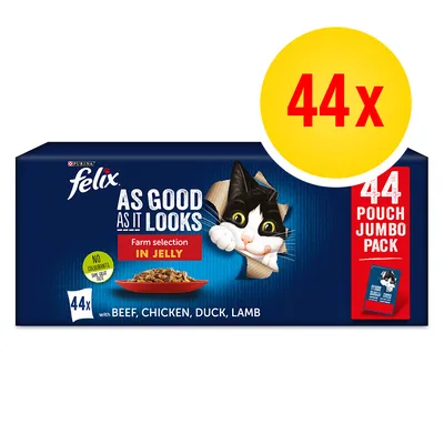 Felix As Good As It Looks Farm selection in jelly, 44x kapsiček s hovězím, kuřecím, kachním a jehněčím. 44 Pouch Jumbo Pack. No colourants. Felix As Good As It Looks Farm selection in jelly, 44x kapsiček s hovězím, kuřecím, kachním a jehněčím. 44 Pouch Jumbo Pack. No colourants.