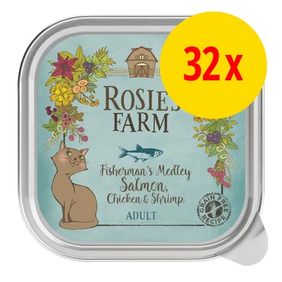 Rosie's Farm Fisherman's Medley Salmon, Chicken & Shrimp Adult. Getreidefreie Rezeptur. 32x Einzelpackung sichtbar.