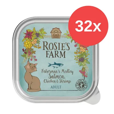 Rosie's Farm Fisherman's Medley mit Lachs, Huhn und Garnelen. Adult. Grain Free Rezept. Verpackung zeigt 32x Portionen. Rosie's Farm Fisherman's Medley mit Lachs, Huhn und Garnelen. Adult. Grain Free Rezept. Verpackung zeigt 32x Portionen.