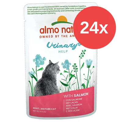 Almo Nature Urinary Help z łososiem, mokra karma dla dorosłych kotów, opakowanie 24x. Widoczny kot i tekst: WITH SALMON, ADULT MATURE CAT, WET PET FOOD.