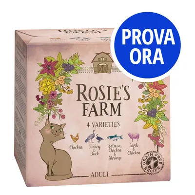 Rosie's Farm 4 Varieties Adult: Chicken, Turkey & Duck, Salmon Chicken & Shrimp, Lamb & Chicken. Ricetta senza cereali. Testo in evidenza: PROVA ORA.