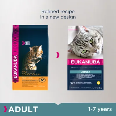 EUKANUBA kattenvoer, oude en nieuwe verpakking zichtbaar. Tekst: 'Refined recipe in a new design', 'ADULT 1-7 years', 2 kg, 91% of 90% dierlijk eiwit vermeld op verpakkingen.