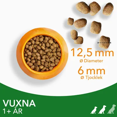 Storlekstabell för hundfoder: diameter 12,5 mm, tjocklek 6 mm. Text: VUXNA 1+ ÅR. Bild på foderkulor och en orange matskål med torrfoder.