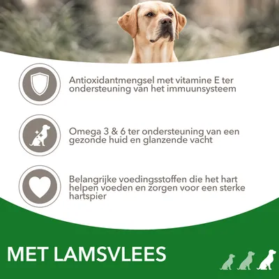 Antioxidantmengsel met vitamine E, omega 3 & 6 voor huid en vacht, voedingsstoffen voor hartspier. Met lamsvlees.