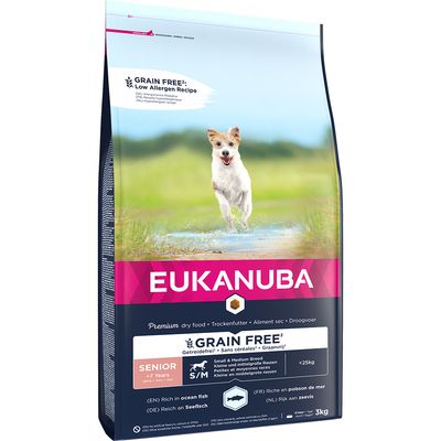 Eukanuba Grain Free Senior dry dog food, 3 kg pack, for dogs aged 7+ years and under 25 kg. Fish icon shown. Text: 'Manufactured in a Grain Processing Facility'.