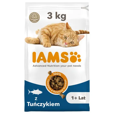 Karma dla kotów IAMS z tuńczykiem, 3 kg, 1+ lat. Na opakowaniu widoczny pomarańczowy kot, napis: Advanced Nutrition your pet needs, 100% Complete & Balanced Nutrition.