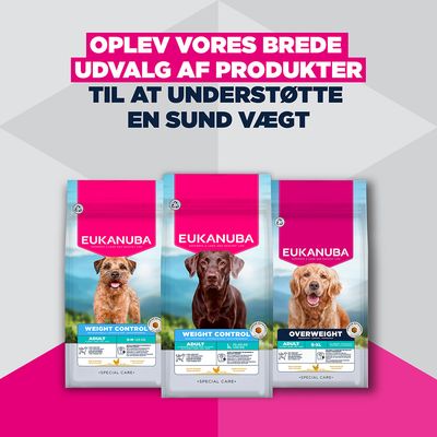 Tre Eukanuba tørfoderposer: Weight Control Adult S-M, Weight Control Adult M-L, Overweight Adult S-XL. Tekst: Oplev vores brede udvalg af produkter til at støtte en sund vægt.