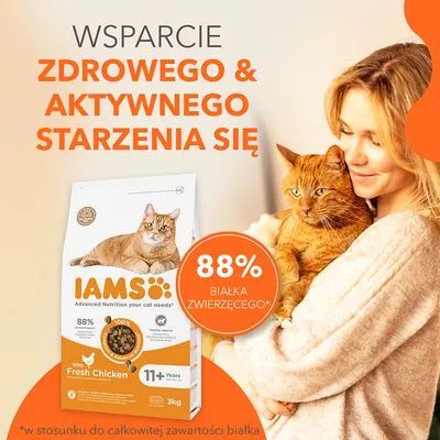 IAMS karma dla kotów 11+ lat, 3 kg, z kurczakiem. 88% białka zwierzęcego. Wsparcie zdrowego i aktywnego starzenia się. Widoczny kot i opiekun.