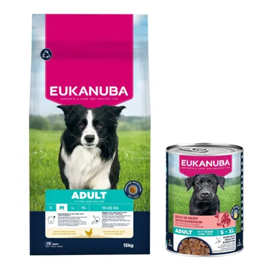 Croquettes Eukanuba Premium Nutrition 15 kg pour chien + boîtes 3 x 400 g offertes ! - Adult Medium Breed au poulet + Adult Riche en Bœuf et Citrouille 