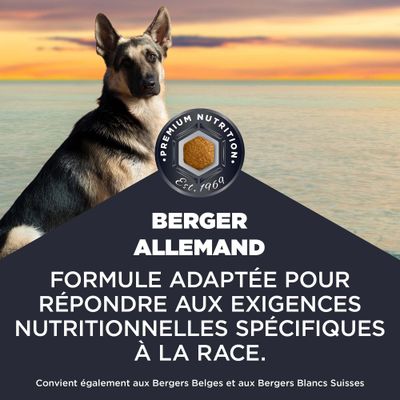 Nutrition Premium depuis 1969. Berger Allemand. Formule adaptée aux besoins nutritionnels spécifiques de la race. Convient également aux Bergers Belges et aux Bergers Blancs Suisses.