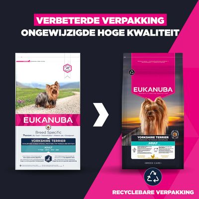 Eukanuba Yorkshire Terrier Adult droogvoer met verbeterde, recyclebare verpakking. Onveranderde hoge kwaliteit.