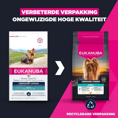 Eukanuba Yorkshire Terrier Adult droogvoer met verbeterde, recyclebare verpakking. Onveranderde hoge kwaliteit.