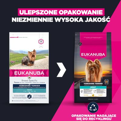Porównanie starej i nowej torby na karmę Eukanuba Yorkshire Terrier Adult, informacja o ulepszonym, nadającym się do recyklingu opakowaniu przy zachowaniu tej samej jakości.