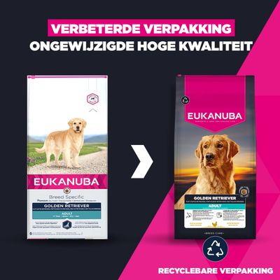 Vergelijking van de oude en nieuwe Eukanuba Golden Retriever adult verpakking, met een verwijzing naar de verbeterde, recyclebare verpakking bij gelijkblijvende kwaliteit.