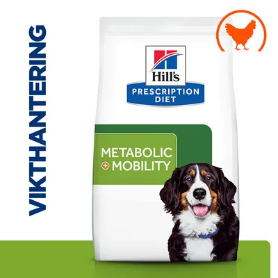 Hill's Prescription Diet Metabolic + Mobility hundfoder, text: VIKTHANTERING, bild av hund och kycklingsymbol synliga på förpackningen.