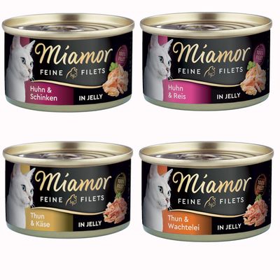 Miamor Feine Filets tonnikala ja vihannekset hyytelössä, 24x100g tölkit, 100 % fileetä. Tuotekuva punaisella pakkauskoon merkinnällä.