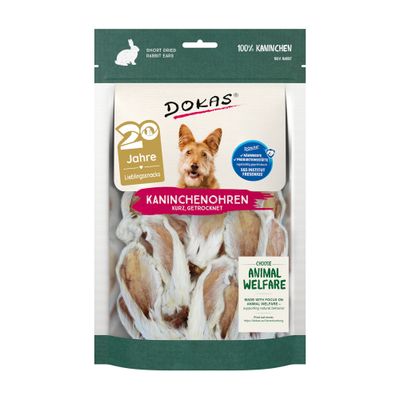 Dokas rabbit ears, briefly dried. Animal welfare seal and SGS Institut Fresenius certified. Das Werte Kaninchen reward for species-appropriate husbandry.