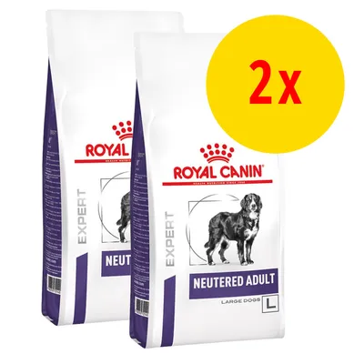 2 sacs de croquettes Royal Canin Expert Neutered Adult Large Dogs L, illustration de chien sur l’emballage, texte visible : NEUTERED ADULT, EXPERT, LARGE DOGS, 2x en jaune