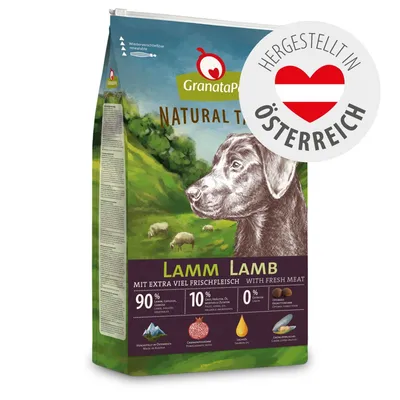 GranataPet Natural Taste Lamm. Mit extra viel Frischfleisch, 90% Lamm-Geflügel, 10% Öle und natürliche Zutaten, 0% Getreide. Hergestellt in Österreich.
