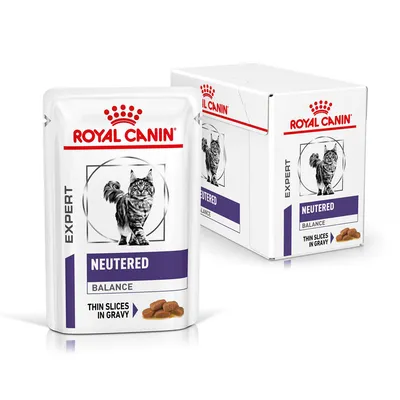 Sachet et boîte Royal Canin Expert Neutered Balance, illustration de chat, texte visible : Thin Slices in Gravy.