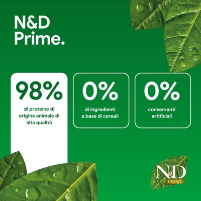 N&D Prime. 98% proteine animali, 0% ingredienti di cereali, 0% conservanti artificiali.
