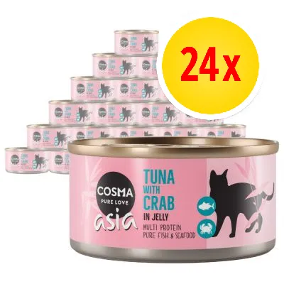 Pack of 24 cans labelled Cosma Pure Love Asia, tuna with crab in jelly, multi protein pure fish and seafood.