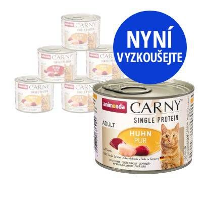 Konzerva animonda Carny Single Protein Adult Huhn Pur, obrázek kočky na etiketě, modrý kruh s textem NYNÍ VYZKOUŠEJTE. V pozadí pět dalších konzerv stejné řady.