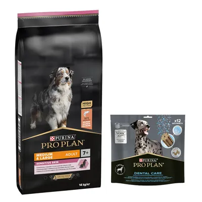 PRO PLAN 12 / 14 kg + Dental Care dog pamlsky zdarma - Medium & Large Adult 7+ Sensitive Skin granule losos 14 kg + Dental Care Large 426 g