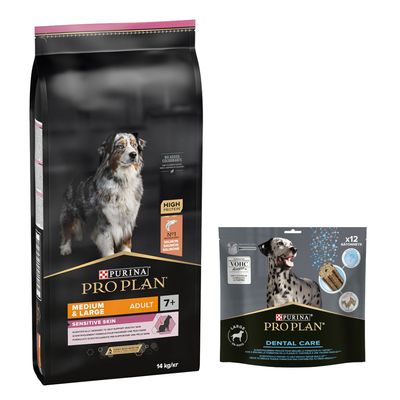 PURINA PRO PLAN 12 / 14 kg + friandises Dental Care 345 g ou 426 g offertes ! Medium & Large Adult 7+ Sensitive Skin (14 kg) + Dental Care pour grand chien (25-40 kg)(426 g)