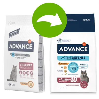 Porovnání starého a nového obalu krmiva ADVANCE Active Defense Sterilized Senior +10 let, 10 kg. Vlevo původní balení, vpravo nové balení se zvýrazněnými benefity a složením.