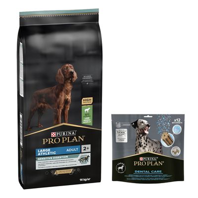 PURINA PRO PLAN 12 / 14 kg + friandises Dental Care 345 g ou 426 g offertes ! Large Adult Athletic Sensitive Digestion agneau, riz (14 kg) + Dental Care pour grand chien (25-40 kg)(426 g)