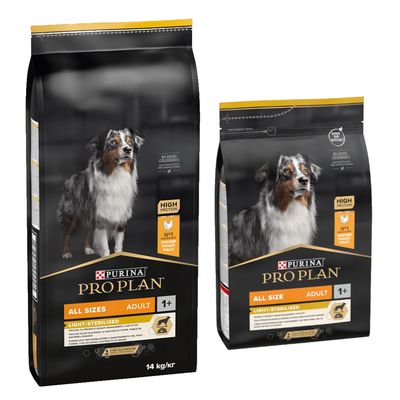 14 + 3 kg gratis! 14kg Purina Pro Plan hrană uscată pentru câini All Sizes Adult Light/Sterilised +  All Sizes Adult Light/Sterilised