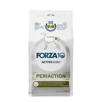 Zak Forza10 Active Vet Diet Periaction hondenvoer, zichtbaar merk en productnaam, gewicht 4 kg. Bevat afbeelding van hond en tekst over Active Fresh System. Zak Forza10 Active Vet Diet Periaction hondenvoer, zichtbaar merk en productnaam, gewicht 4 kg. Bevat afbeelding van hond en tekst over Active Fresh System.
