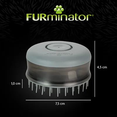 FURminator Bürste mit Abmessungen: Höhe 4,5 cm, Breite 7,5 cm, Borstenlänge 1,0 cm. Markenname und Produkt sichtbar.