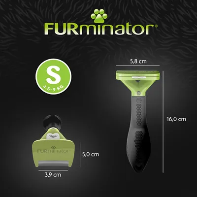 FURminator S, za 4,5–9 kg; mere: dolžina 16 cm, širina glave 5,8 cm, višina 5 cm, širina rezila 3,9 cm. Vidna blagovna znamka in oznaka velikosti.
