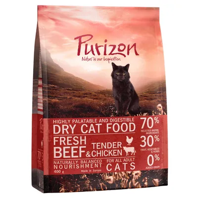 Purizon Dry Cat Food, Fresh Beef & Chicken, 70 % selected animal ingredients, 30 % fruit, vegetables & herbs, 0 % added grain, for all adult cats, 400 g. Tekst på engelsk. Purizon Dry Cat Food, Fresh Beef & Chicken, 70 % selected animal ingredients, 30 % fruit, vegetables & herbs, 0 % added grain, for all adult cats, 400 g. Tekst på engelsk.