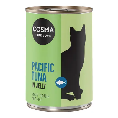 Lata de comida para gatos Cosma Pure Love, Pacific Tuna in Jelly. Texto visible: Single Protein Pure Fish. Silueta de gato y dibujo de pez en la etiqueta.