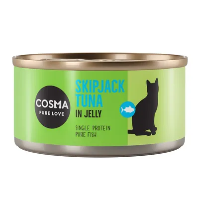 Cosma Pure Love Skipjack Tuna i gelé, enkelt protein, ren fisk. Grønt etiket med sort katte-silhuet og fiskesymbol. Cosma Pure Love Skipjack Tuna i gelé, enkelt protein, ren fisk. Grønt etiket med sort katte-silhuet og fiskesymbol.