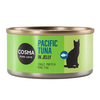 COSMA PURE LOVE Pacific Tuna in Jelly, Single Protein Pure Fish – konzerva s tuniakom v želé, zelený obal so siluetou mačky a rybou. Text v angličtine.