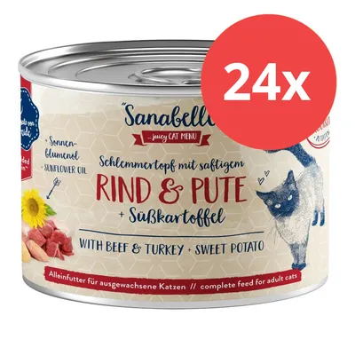Sanabelle juicy Cat Menu, guiso con ternera jugosa y pavo + batata, aceite de girasol. Alimento completo para gatos adultos. El paquete contiene 24 latas. Sanabelle juicy Cat Menu, guiso con ternera jugosa y pavo + batata, aceite de girasol. Alimento completo para gatos adultos. El paquete contiene 24 latas.